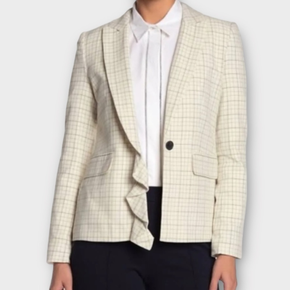 Joie Women’s Villette Blazer Jacket Size 2 Check Grid Ruffle Porcelain Corpcore